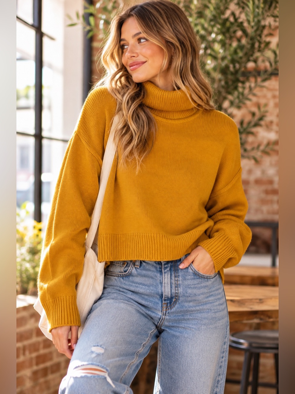 Divided by H&M Mustard Yellow Oversized Cropped Turtleneck Sweater M